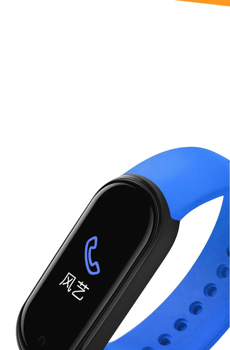 M5 Smart Bracelet in black on a wrist, showing the 0.96-inch screen displaying fitness metrics.