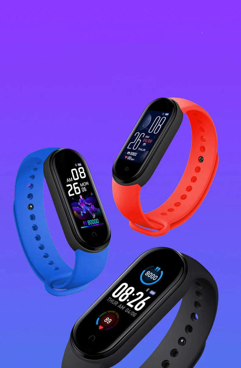 M5 Smart Bracelet in black on a wrist, showing the 0.96-inch screen displaying fitness metrics.