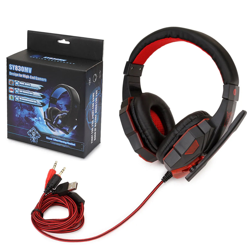 Wired gaming headset with light-up LED effects and adjustable headband in black red colour option