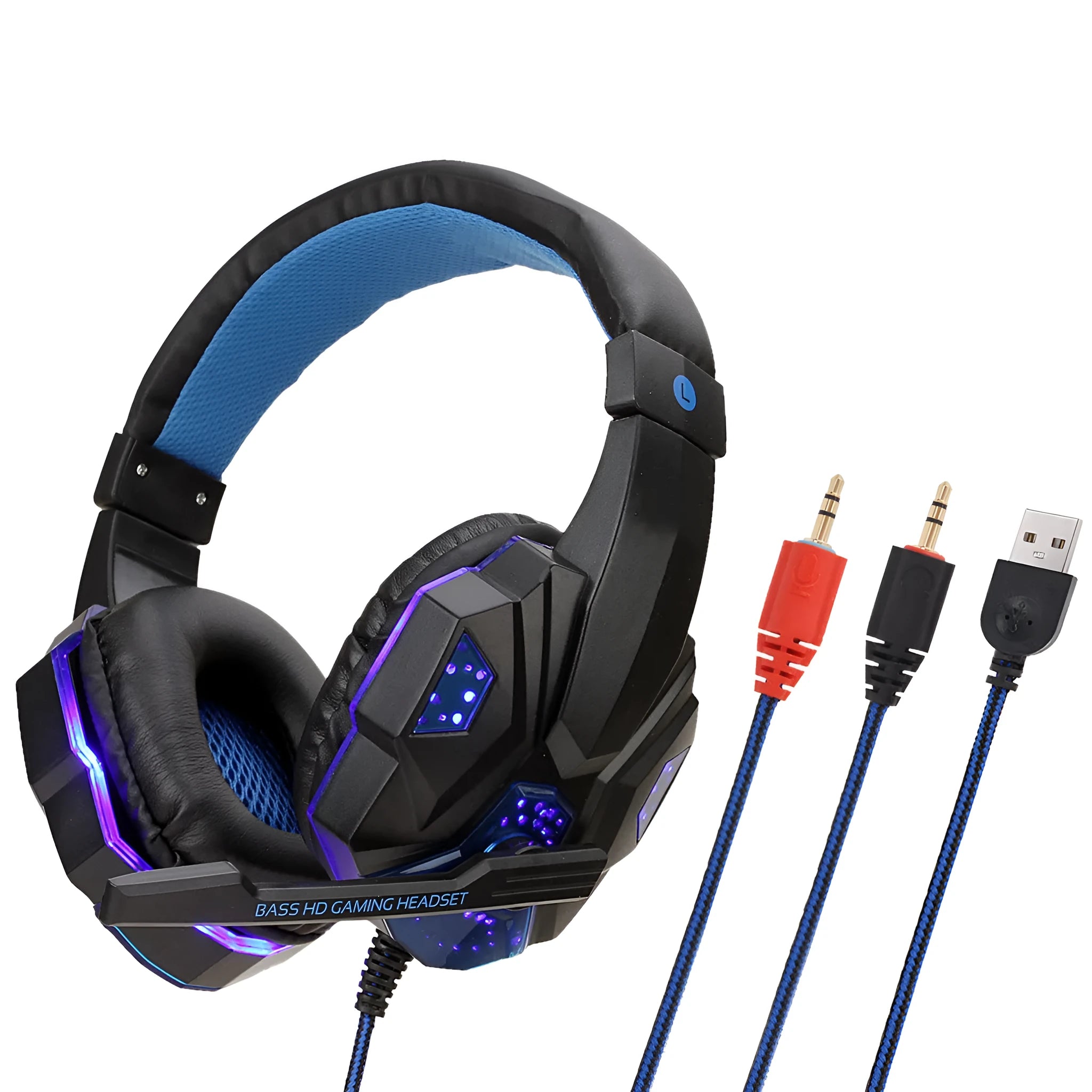 Wired gaming headset with light-up LED effects and adjustable headband in black red colour option