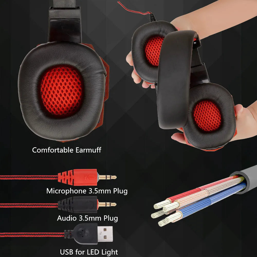 Wired gaming headset with light-up LED effects and adjustable headband in black red colour option