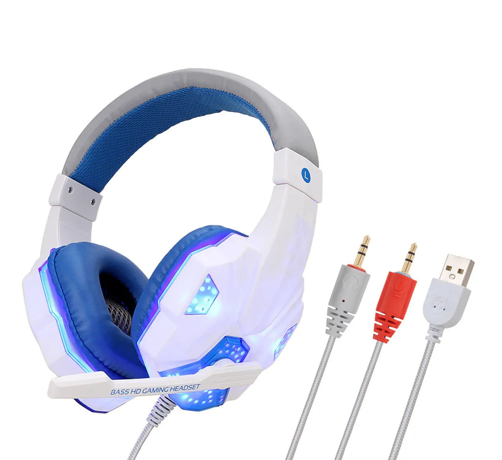 Wired gaming headset with light-up LED effects and adjustable headband in black red colour option