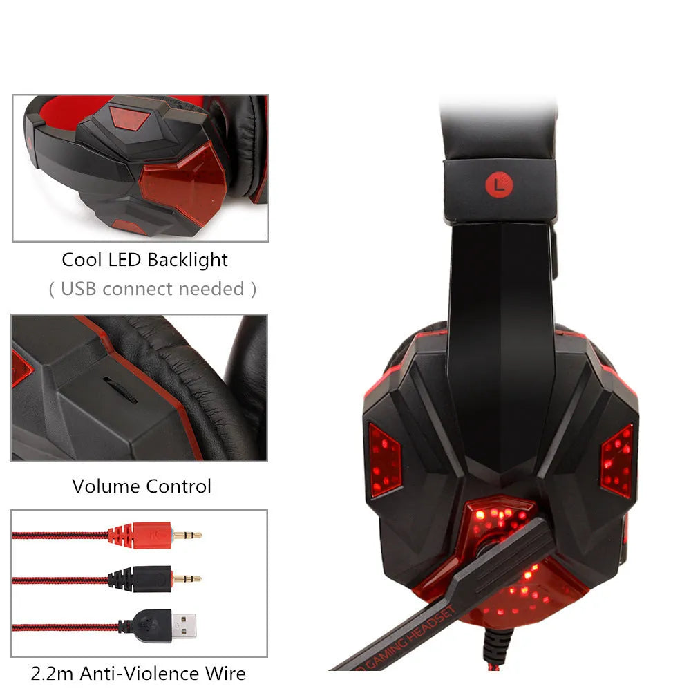 Wired gaming headset with light-up LED effects and adjustable headband in black red colour option