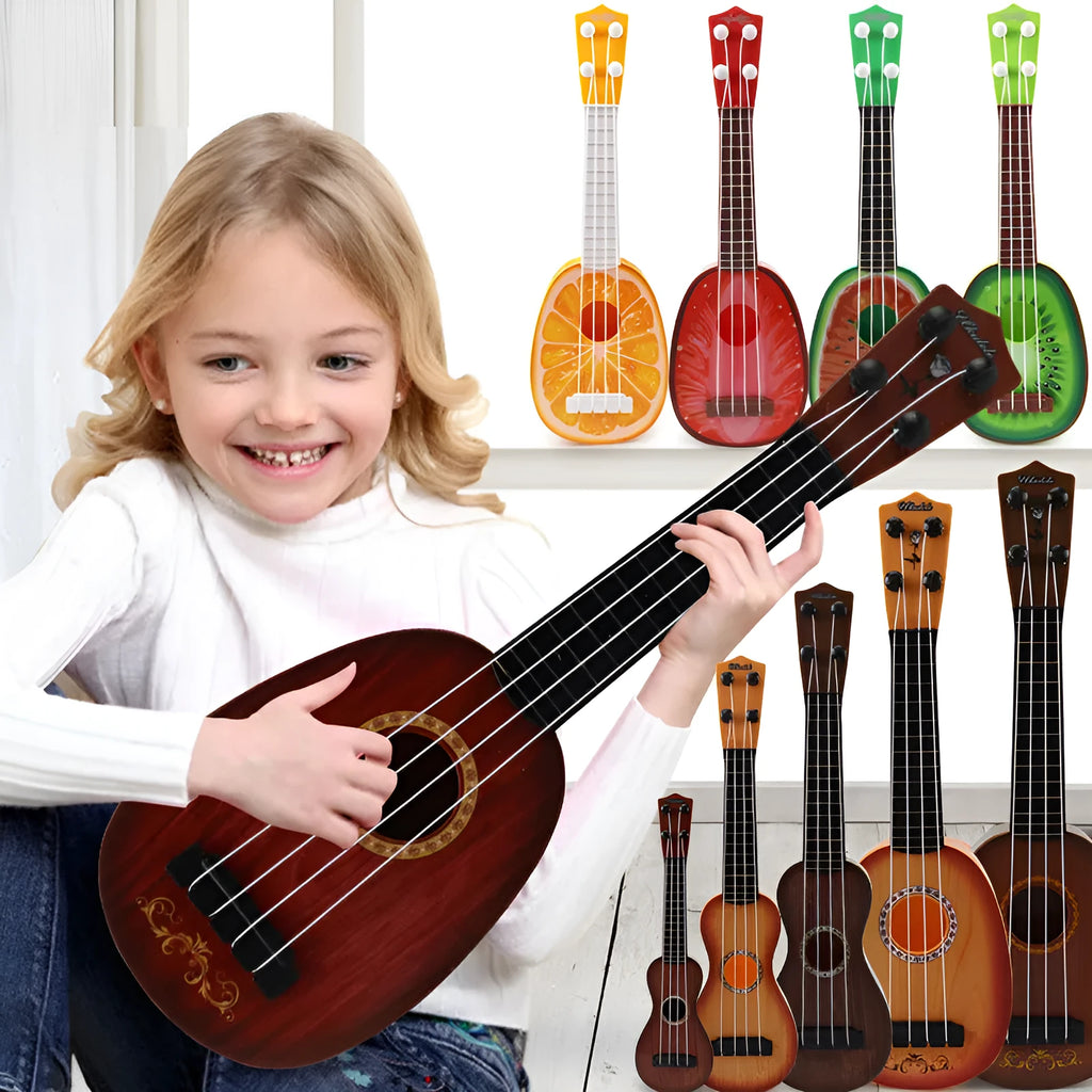 Plastic retro guitar ukulele toy for children measuring 9.8cm wide by 38cm long