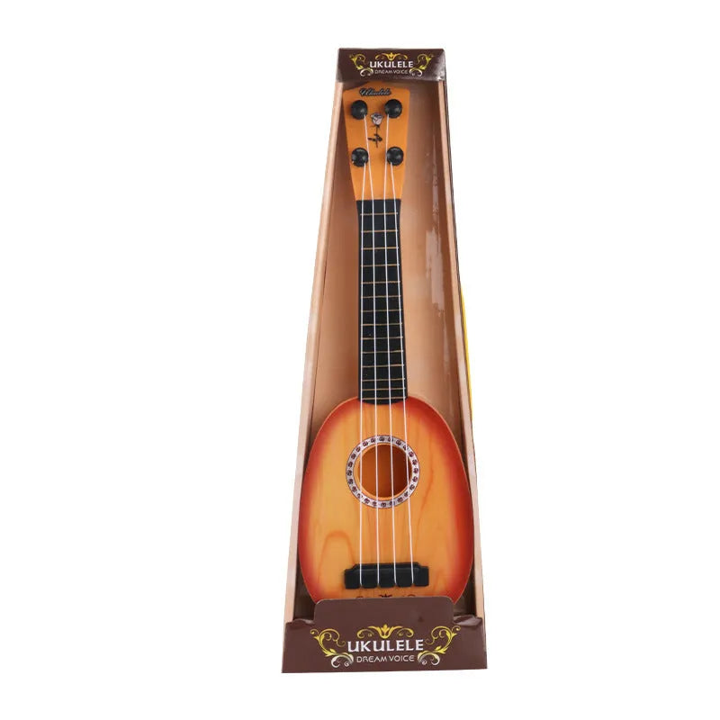 Plastic retro guitar ukulele toy for children measuring 9.8cm wide by 38cm long