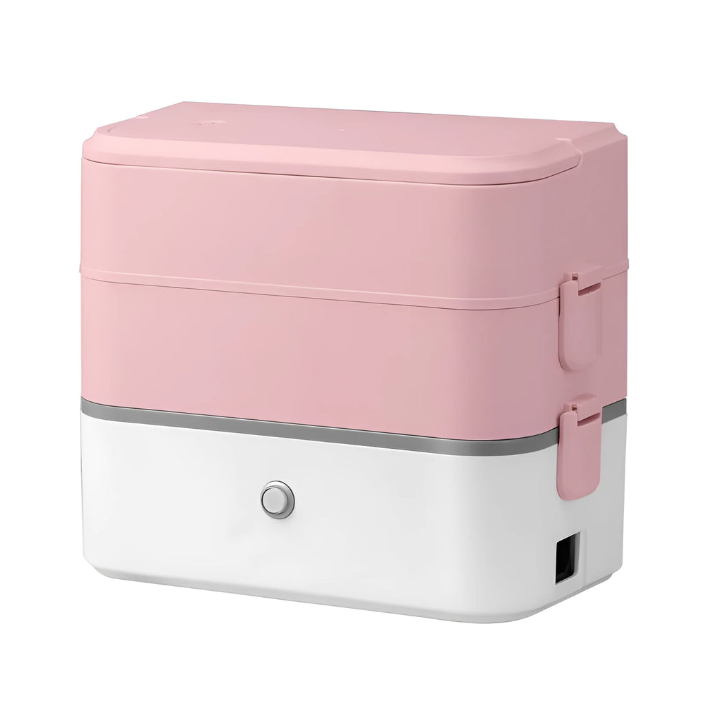 Double-layer portable heated lunch box with stainless steel liner showing push-button controls and power cord