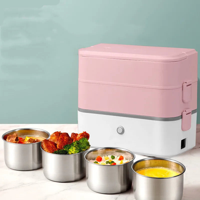 Double-layer portable heated lunch box with stainless steel liner showing push-button controls and power cord