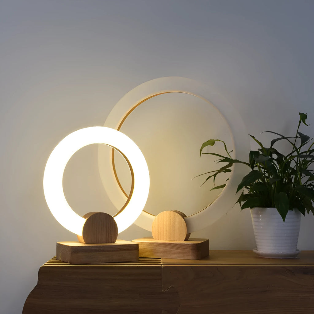 Wooden circular art chandelier with acrylic shade in modern Nordic style, showing 20cm and 30cm diameter options