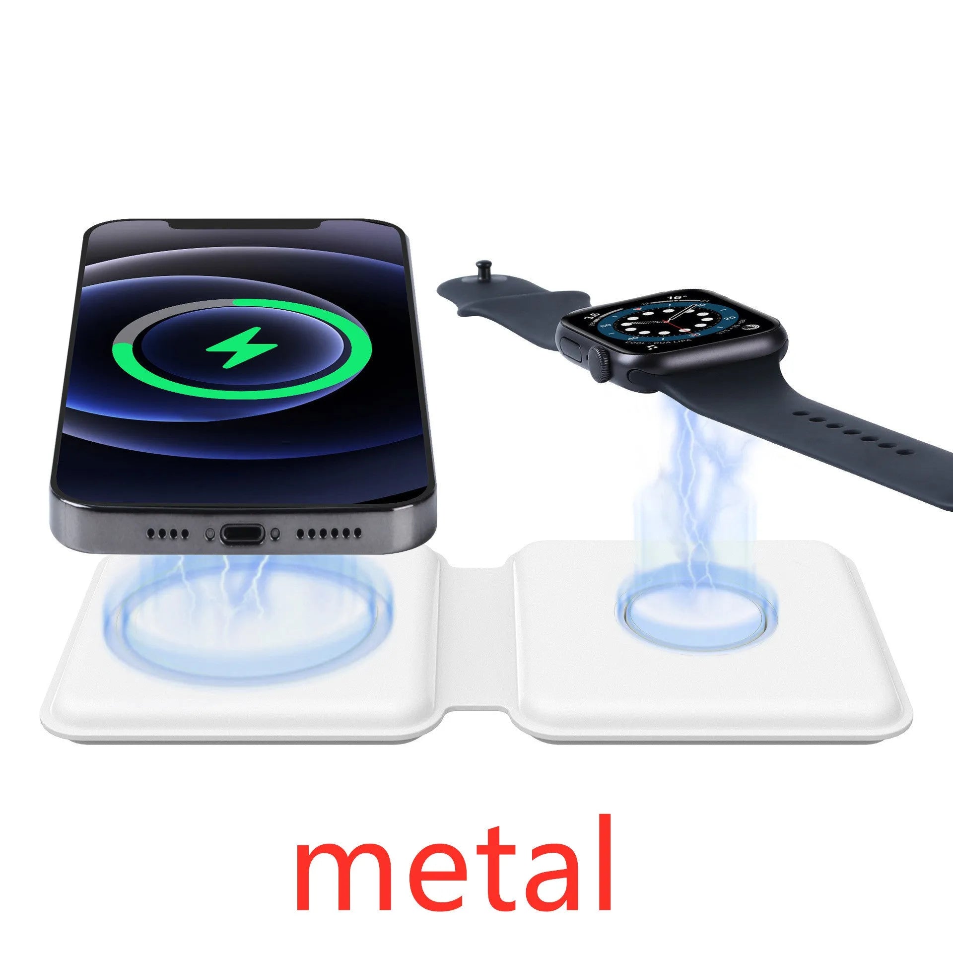 White folding dual magnetic wireless charger with 15W fast charging showing adjustable angle