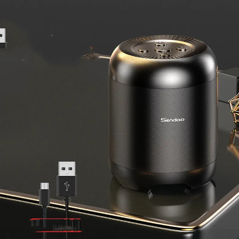 Black and white portable Bluetooth speaker with USB card reader measuring 90x73x73mm