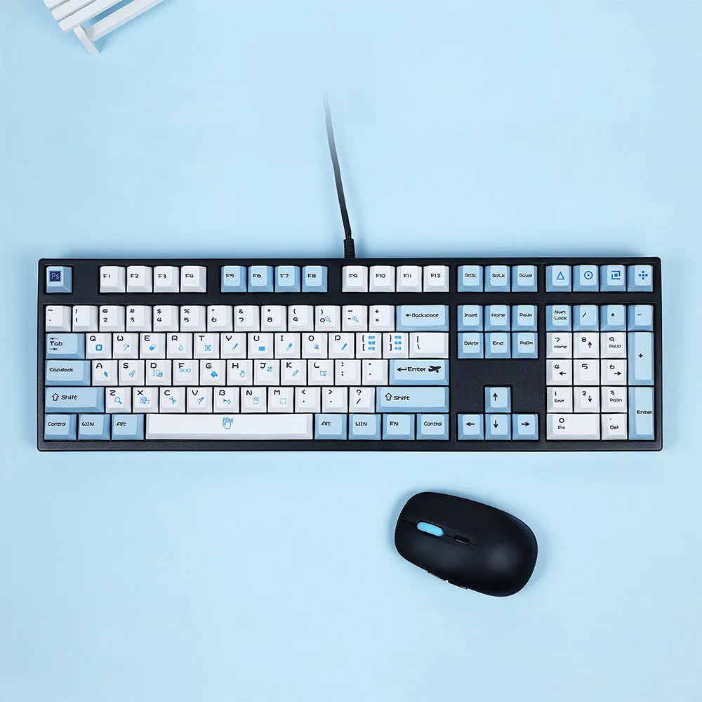 PlayStation theme DIY keycap set for mechanical keyboards in blue and white colour scheme.