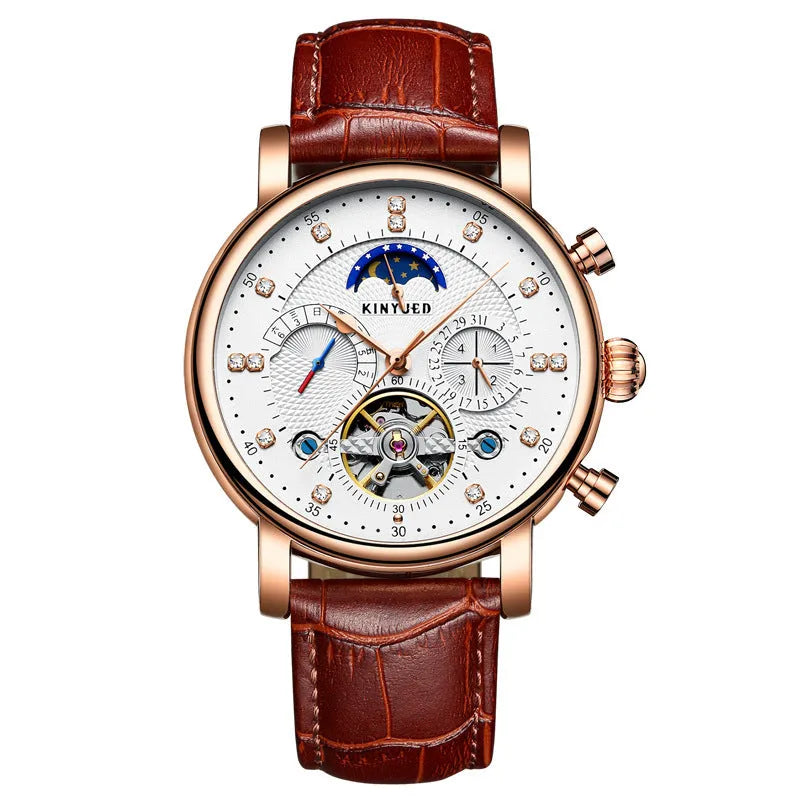 Men's automatic hollow dial mechanical watch with leather strap and stainless steel buckle, black silver colour