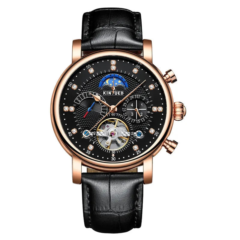 Men's automatic hollow dial mechanical watch with leather strap and stainless steel buckle, black silver colour