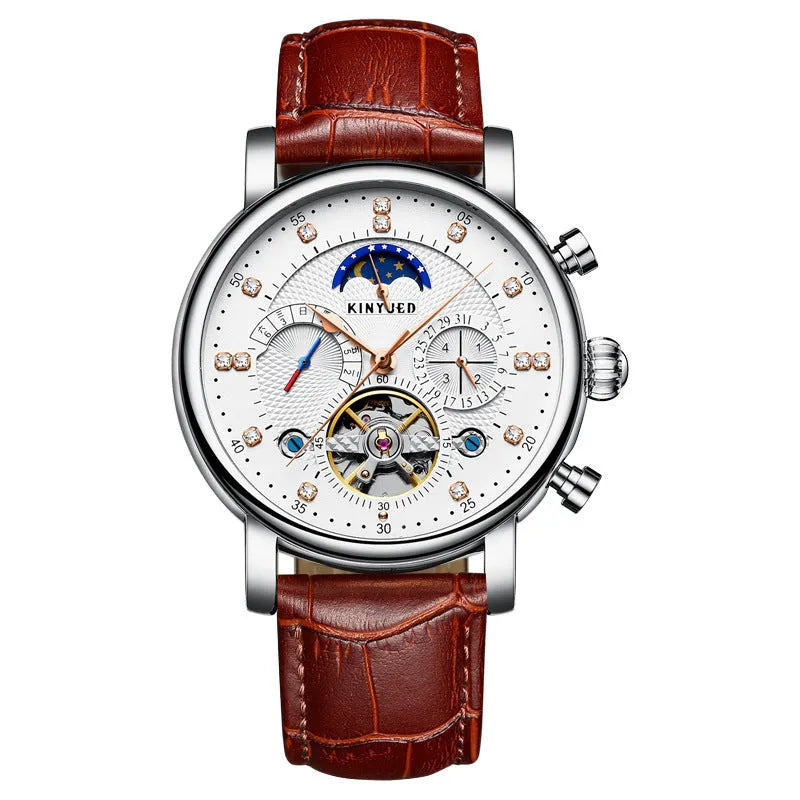 Men's automatic hollow dial mechanical watch with leather strap and stainless steel buckle, black silver colour