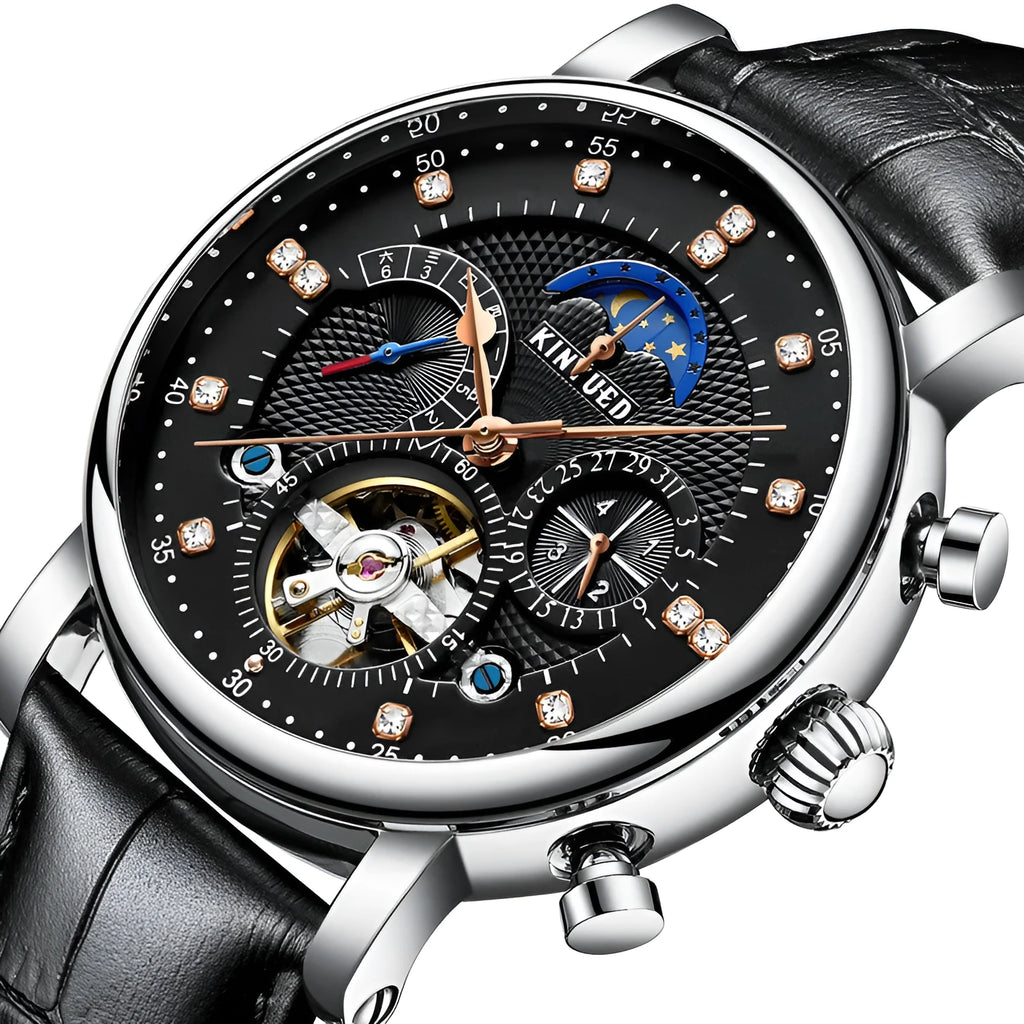 Men's automatic hollow dial mechanical watch with leather strap and stainless steel buckle, black silver colour