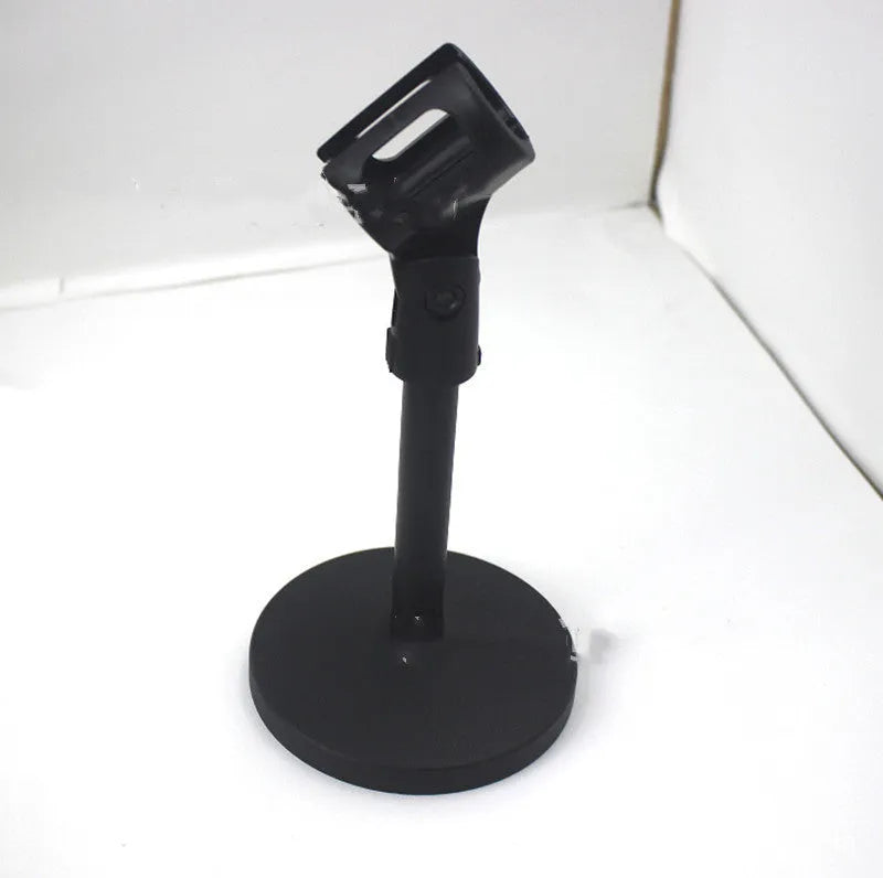 Black metal desktop microphone bracket with triangular base and fixed 22cm height support