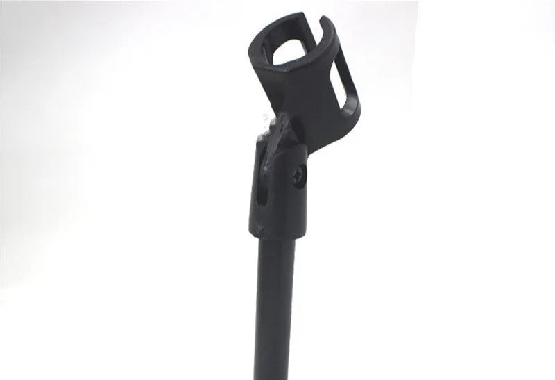 Black metal desktop microphone bracket with triangular base and fixed 22cm height support
