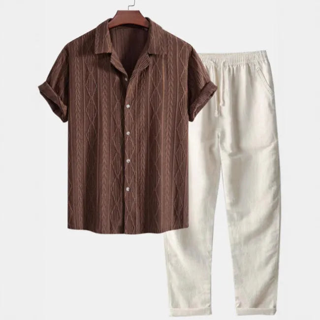 Men's slim fit camouflage print short sleeve cardigan shirt and matching trousers casual set