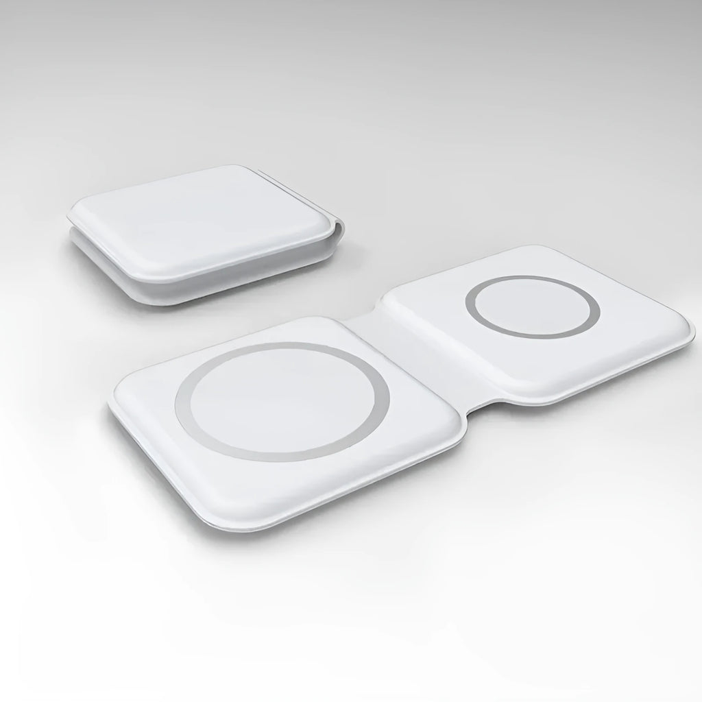White folding dual magnetic wireless charger with 15W fast charging showing adjustable angle