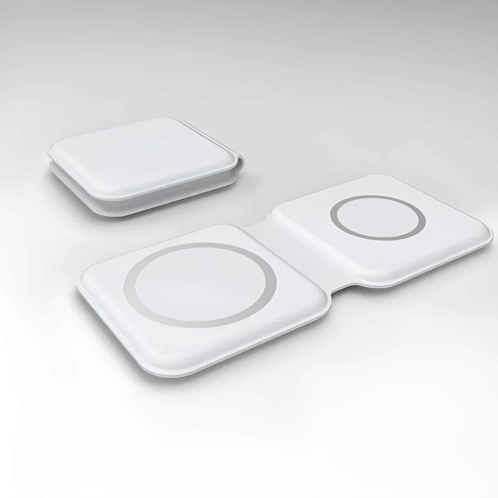 White folding dual magnetic wireless charger with 15W fast charging showing adjustable angle