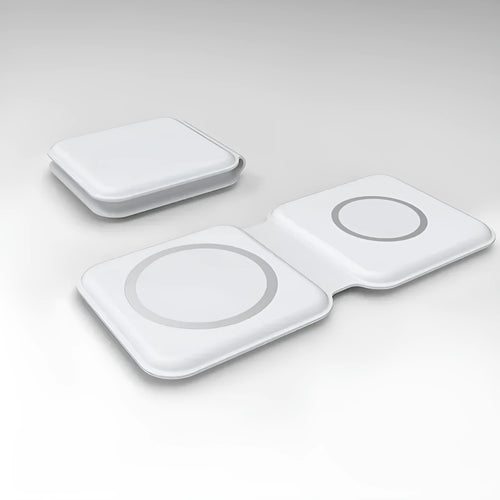 White folding dual magnetic wireless charger with 15W fast charging showing adjustable angle