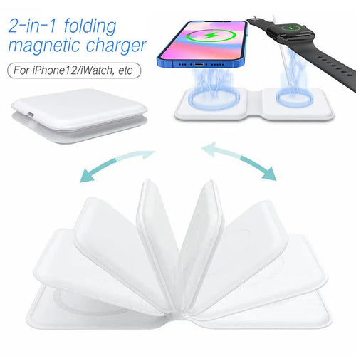 White folding dual magnetic wireless charger with 15W fast charging showing adjustable angle