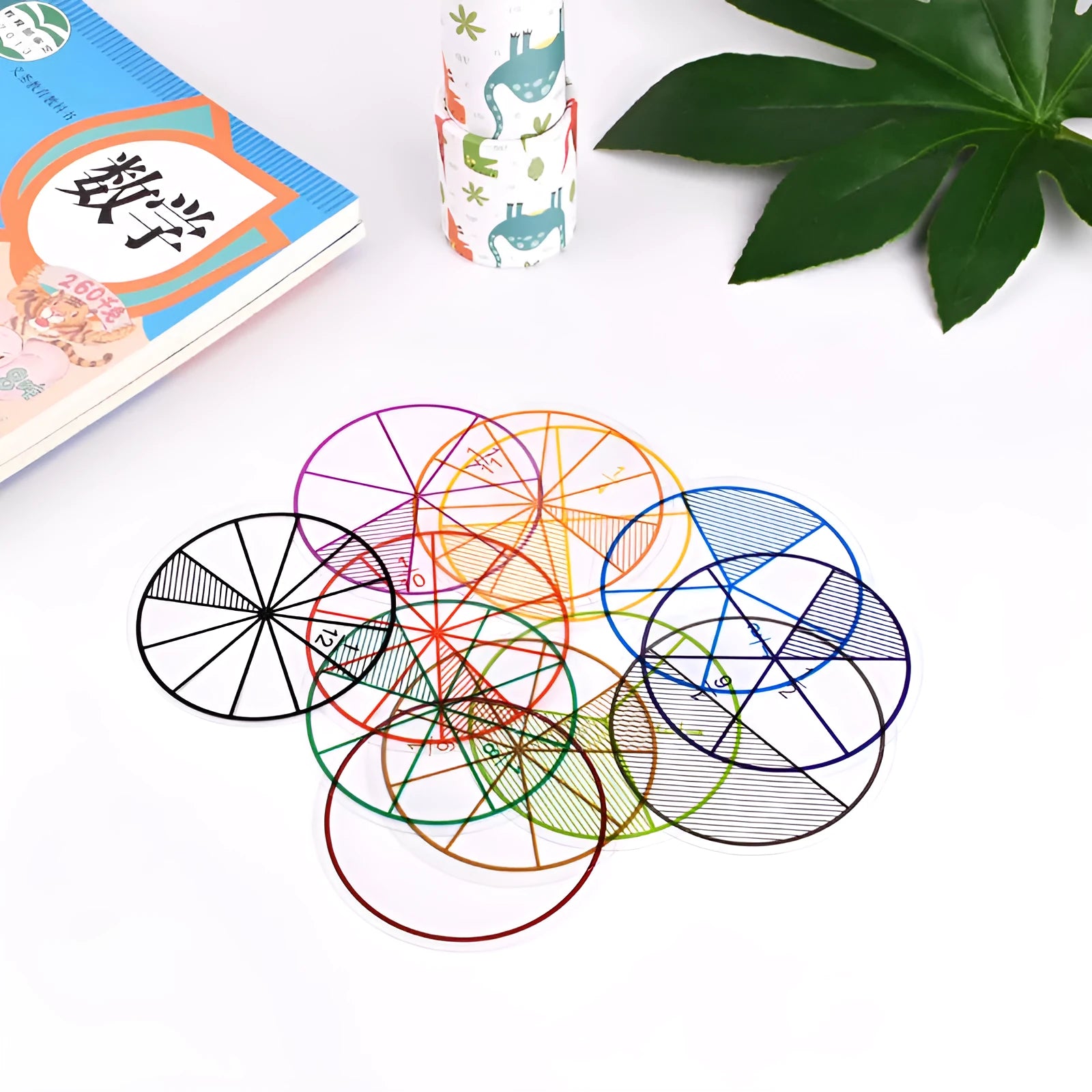 Combined fraction plate and circle teaching aids with magnetic blocks and transparent films on a plastic base.