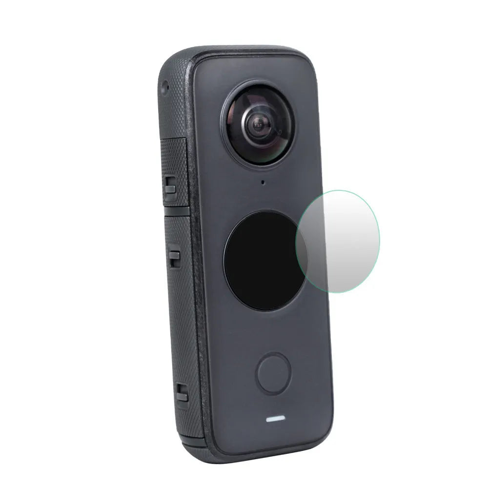 Black tempered glass screen protector for Insta360 ONE X2 camera, shown with cleaning cloth.