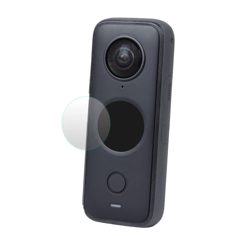Black tempered glass screen protector for Insta360 ONE X2 camera, shown with cleaning cloth.