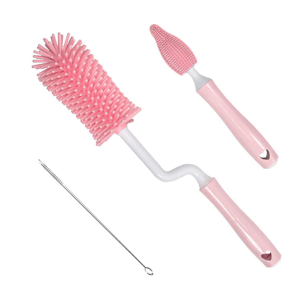 Baby bottle brush set with silicone bristles and a small straw cleaning brush in pink, blue, and yellow colours.