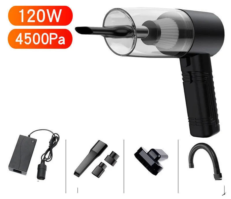 12V car vacuum cleaner with accessories in starry sky black colour showing suction power demonstration