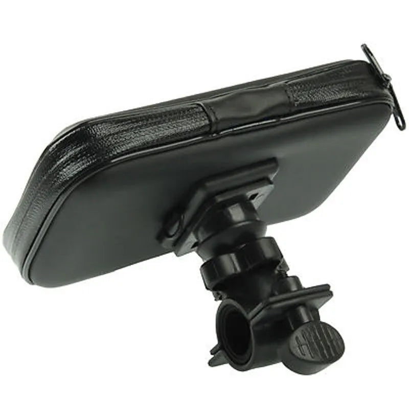 Black bicycle motorcycle phone holder waterproof case with silicone net showing phone secured on handlebar