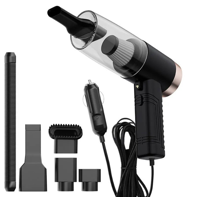 12V car vacuum cleaner with accessories in starry sky black colour showing suction power demonstration