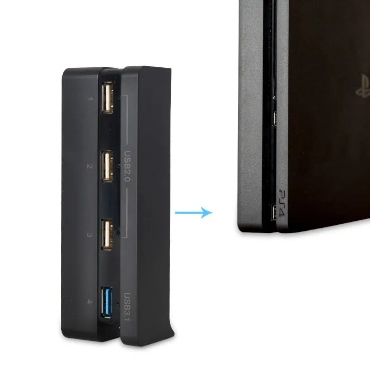 Black PS4 Slim USB hub extender with universal 2.0 and 3.0 interface compatibility