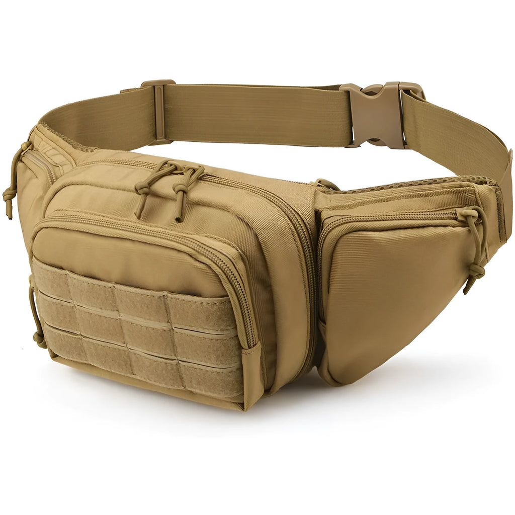 Men's tactical multifunctional storage waist bag in black or khaki with moderate capacity
