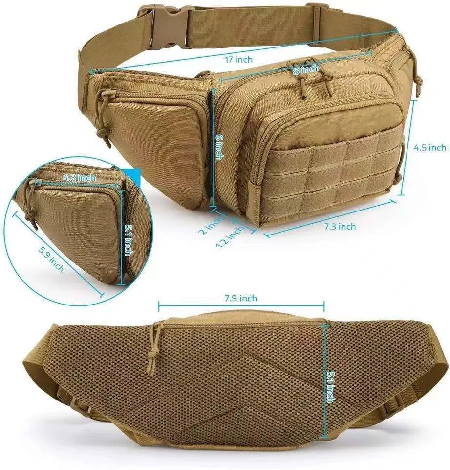 Men's tactical multifunctional storage waist bag in black or khaki with moderate capacity