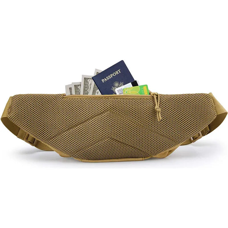 Men's tactical multifunctional storage waist bag in black or khaki with moderate capacity