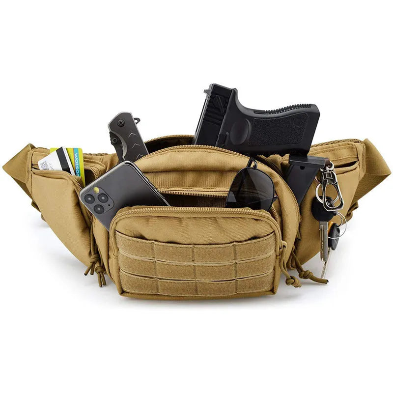 Men's tactical multifunctional storage waist bag in black or khaki with moderate capacity