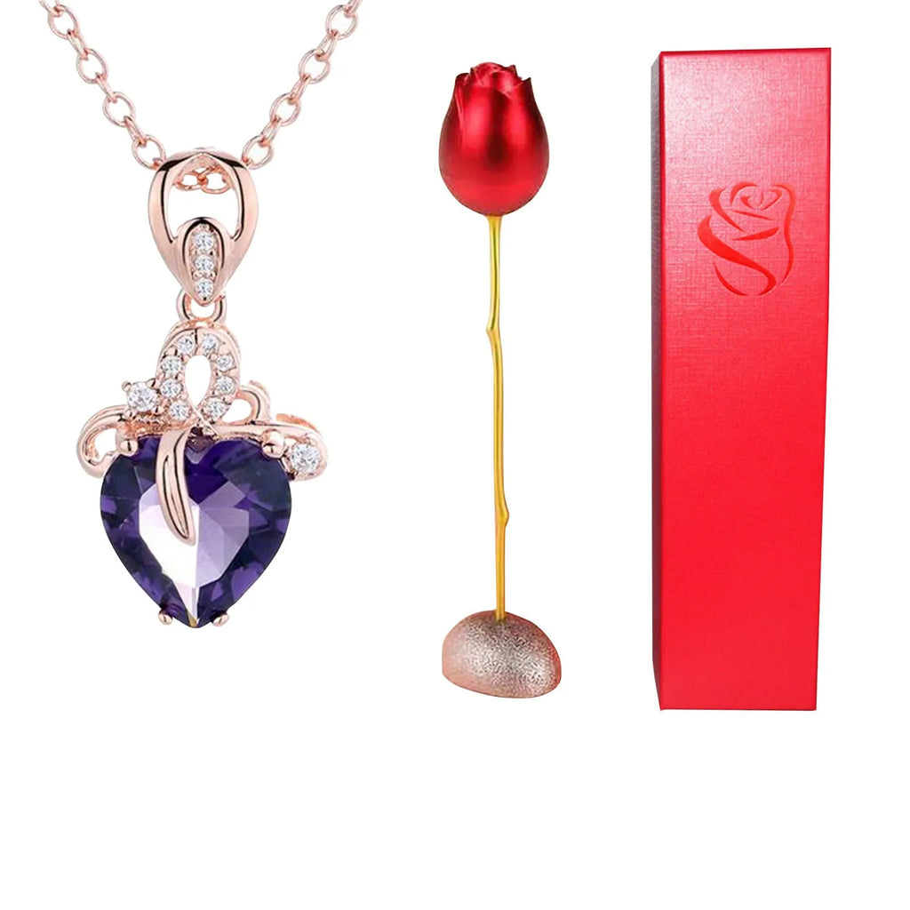 Heart-shaped crystal diamond rose pendant necklace in copper with electroplated finish, rose box packaging