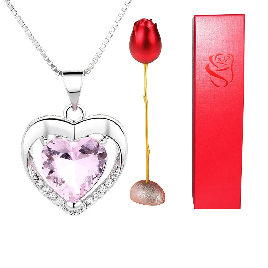 Heart-shaped crystal diamond rose pendant necklace in copper with electroplated finish, rose box packaging
