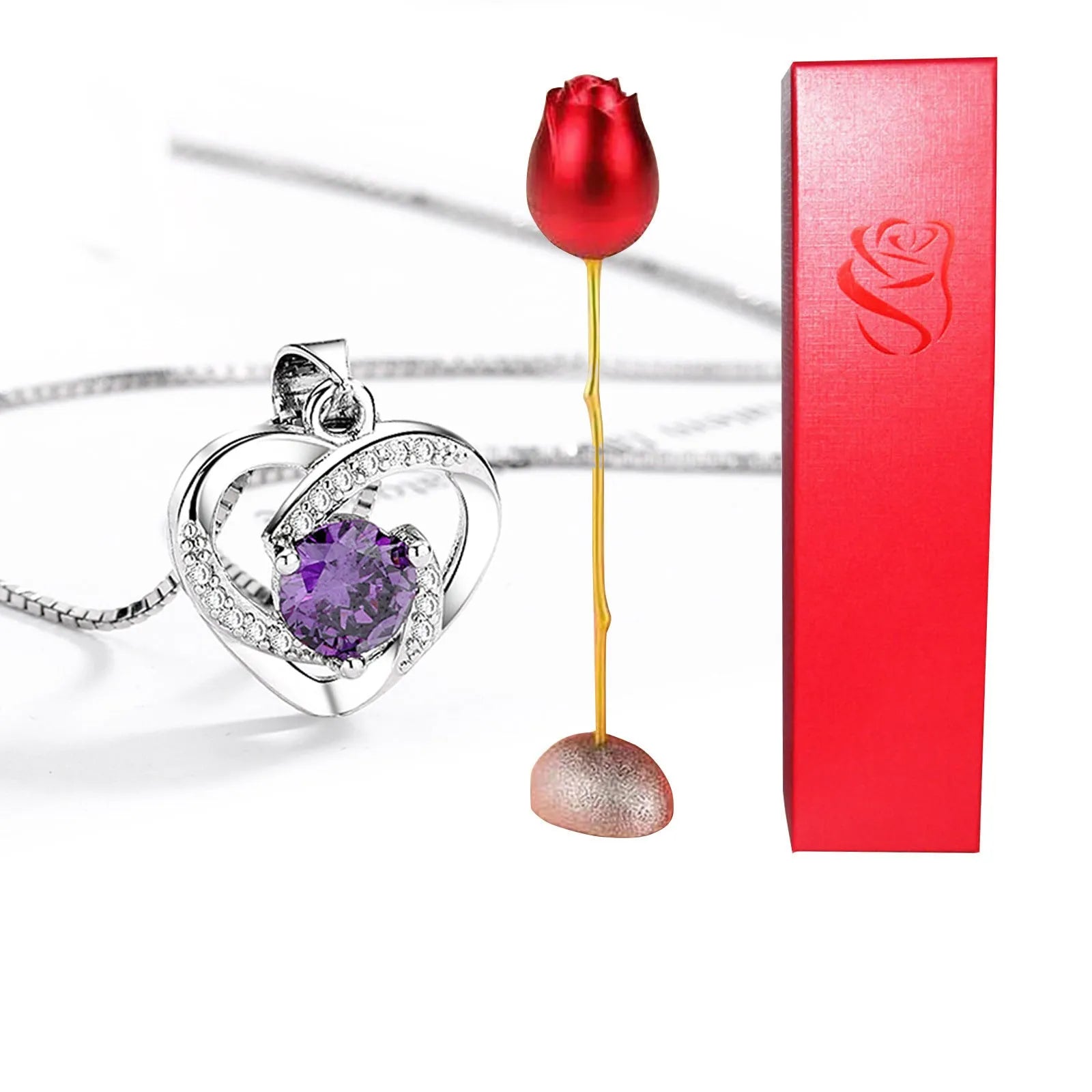 Heart-shaped crystal diamond rose pendant necklace in copper with electroplated finish, rose box packaging