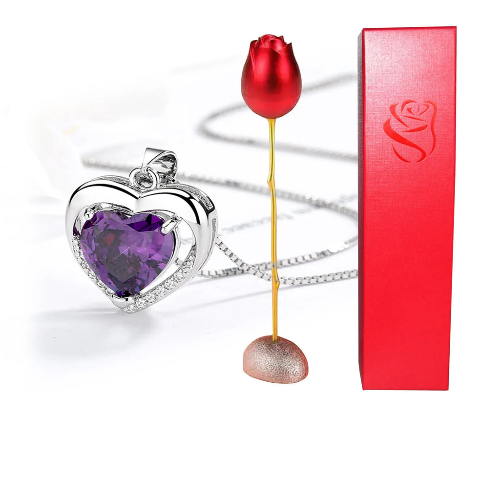 Heart-shaped crystal diamond rose pendant necklace in copper with electroplated finish, rose box packaging