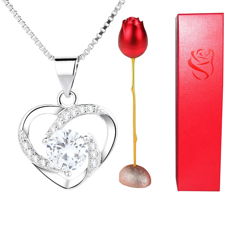 Heart-shaped crystal diamond rose pendant necklace in copper with electroplated finish, rose box packaging