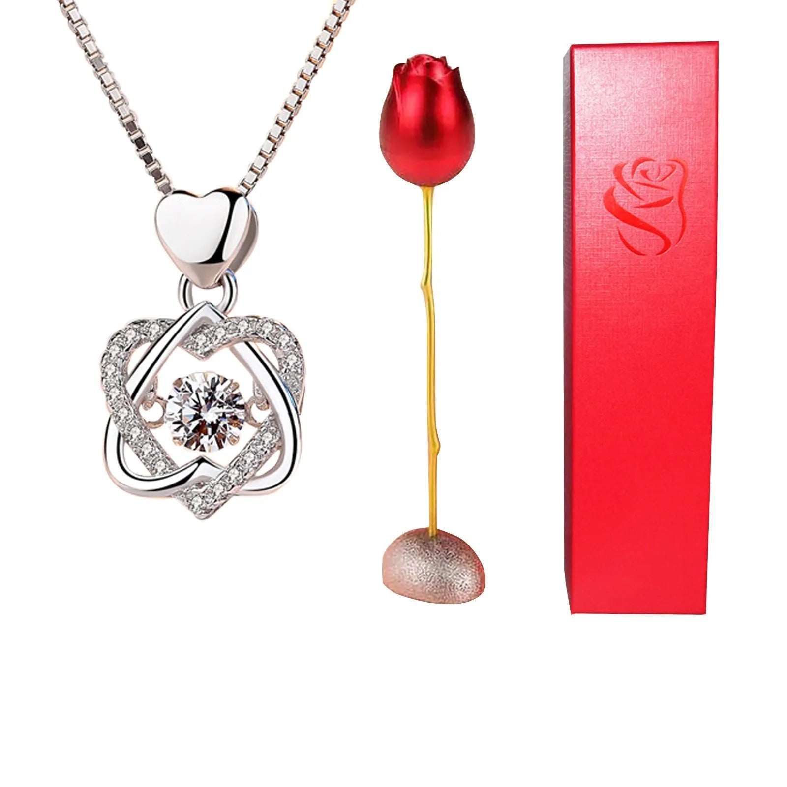 Heart-shaped crystal diamond rose pendant necklace in copper with electroplated finish, rose box packaging