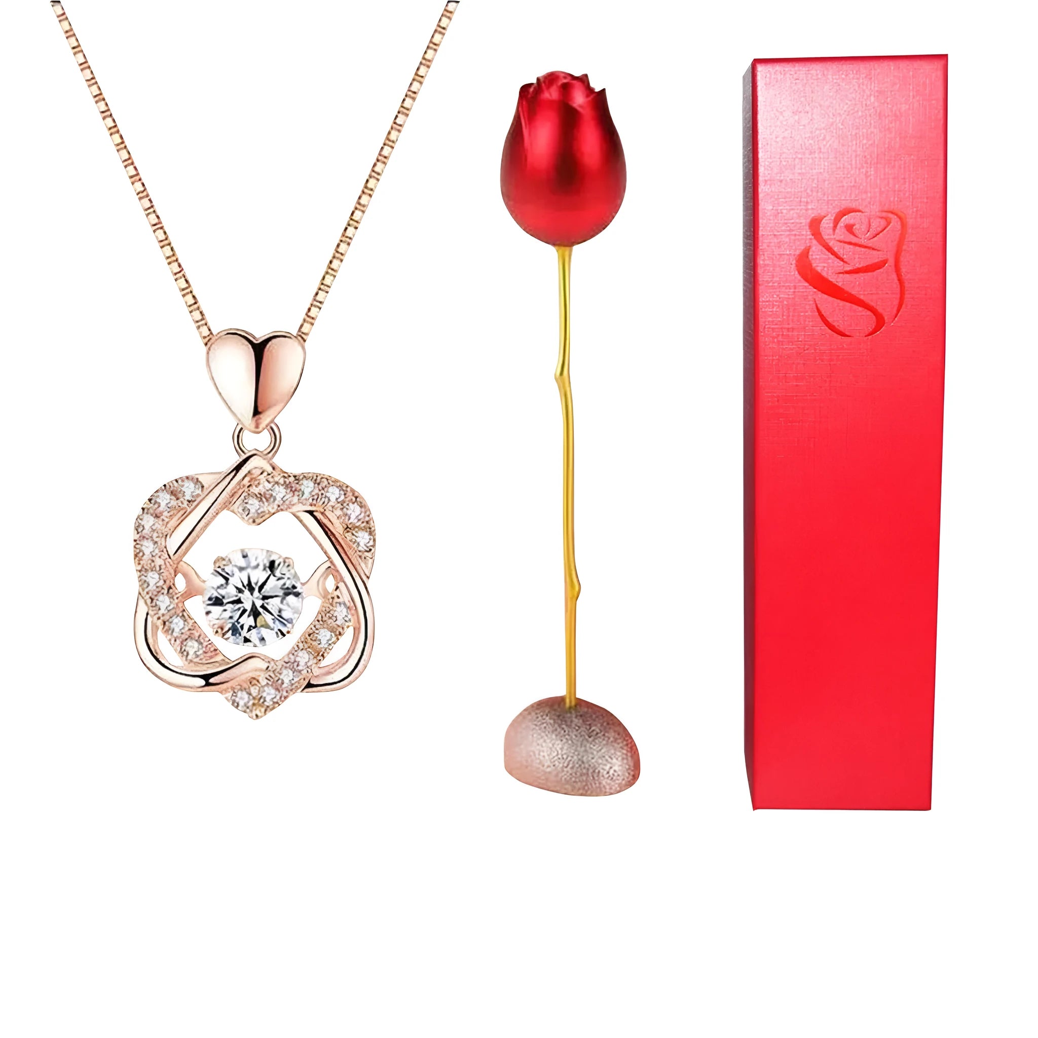 Heart-shaped crystal diamond rose pendant necklace in copper with electroplated finish, rose box packaging