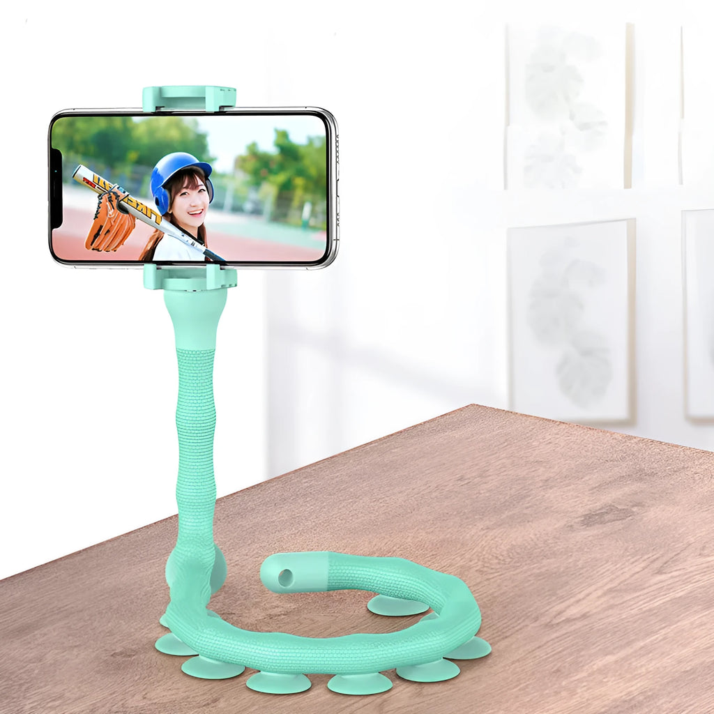 Black flexible phone holder with suction cup mounted to wall showing 62cm adjustable arm holding mobile phone