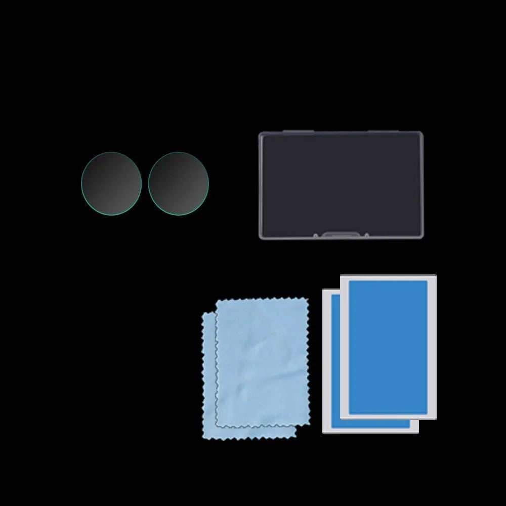 Black tempered glass screen protector for Insta360 ONE X2 camera, shown with cleaning cloth.