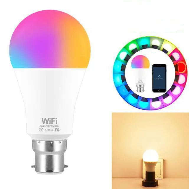 WiFi smart LED light bulb with E27 screw cap showing multicoloured RGB illumination