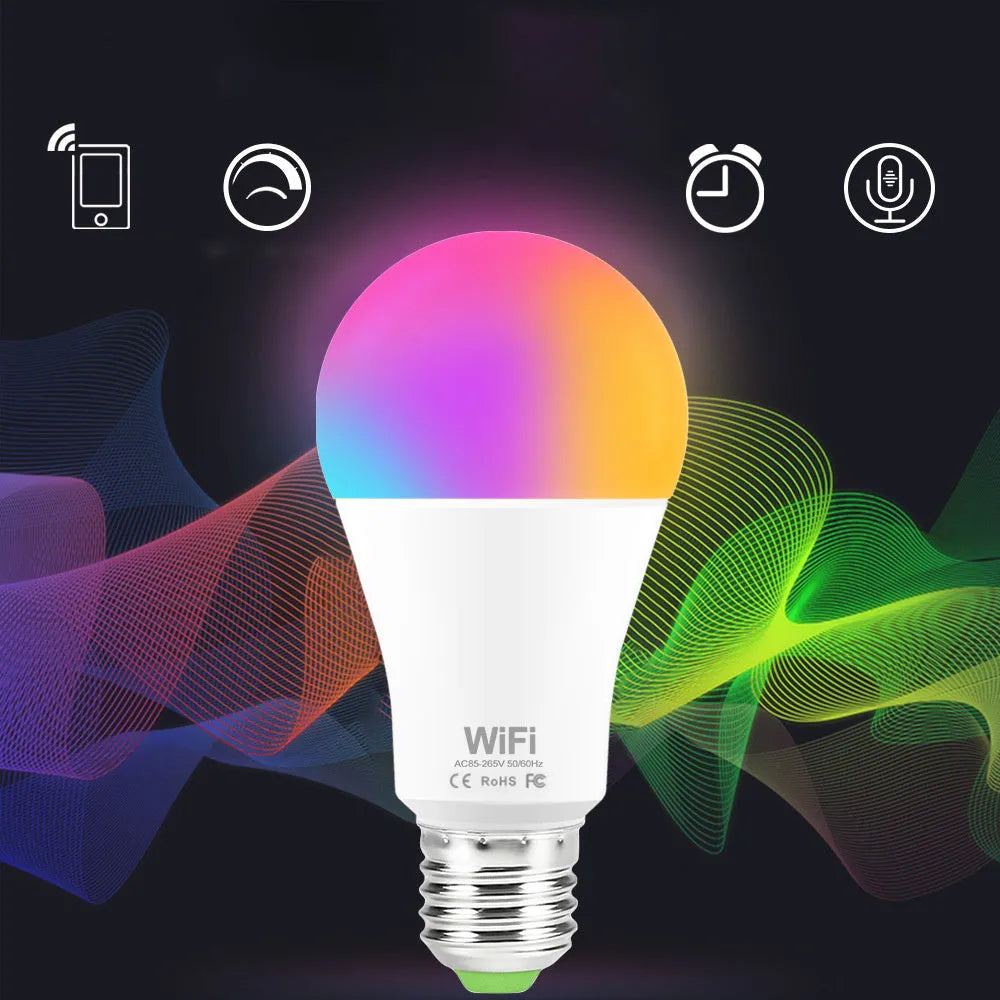 WiFi smart LED light bulb with E27 screw cap showing multicoloured RGB illumination
