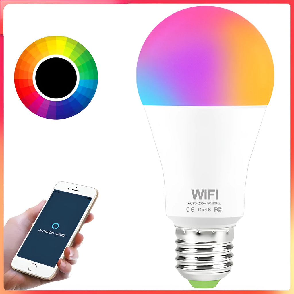 WiFi smart LED light bulb with E27 screw cap showing multicoloured RGB illumination